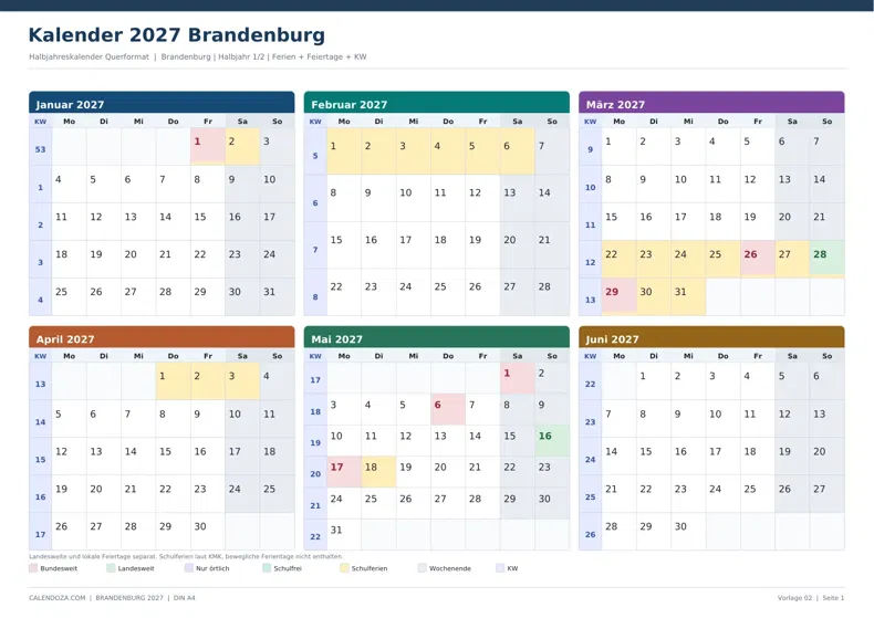 Kalender 2027 Brandenburg: Halbjahreskalender Querformat