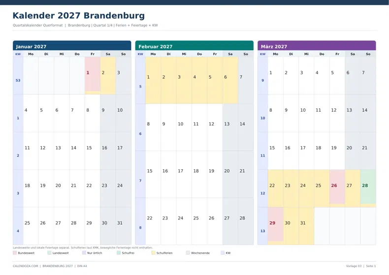 Kalender 2027 Brandenburg: Quartalskalender Querformat