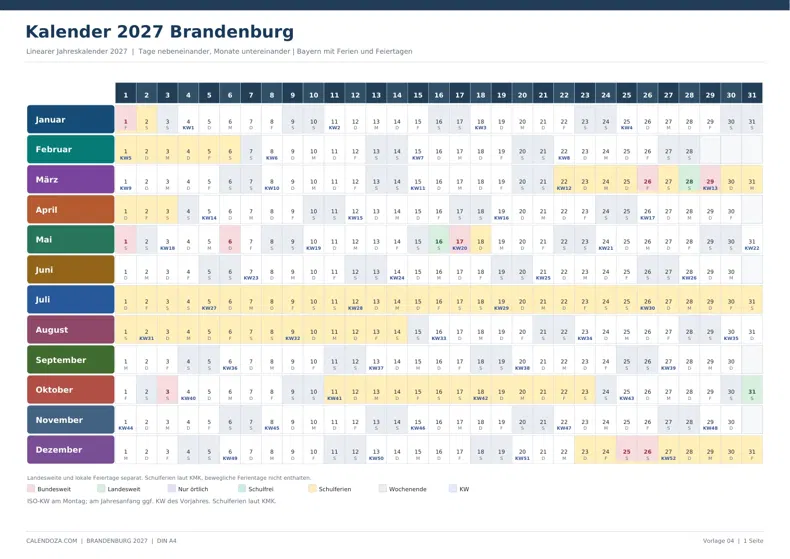 Kalender 2027 Brandenburg: Linearer Jahreskalender