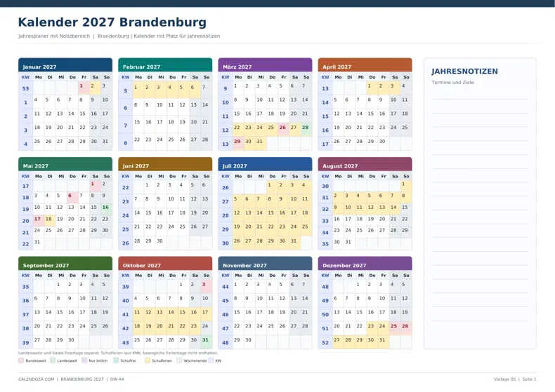 Kalender 2027 Brandenburg: Jahresplaner mit Notizen