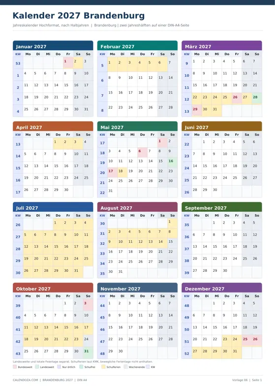 Kalender 2027 Brandenburg: Jahreskalender Hochformat
