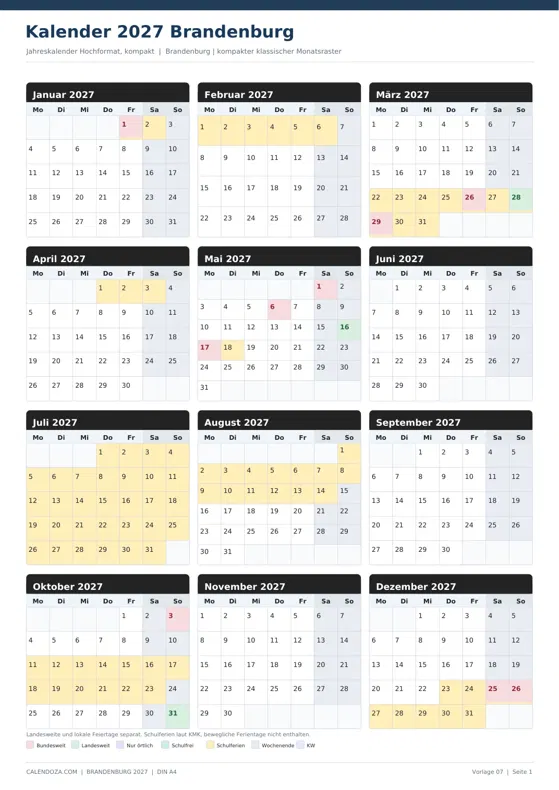Kalender 2027 Brandenburg: Jahreskalender Hochformat kompakt