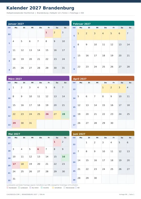 Kalender 2027 Brandenburg: Halbjahreskalender Hochformat