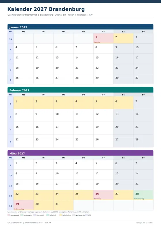 Kalender 2027 Brandenburg: Quartalskalender Hochformat