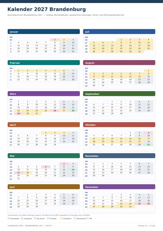 Kalender 2027 Brandenburg: Farbige Jahresübersicht Hochformat
