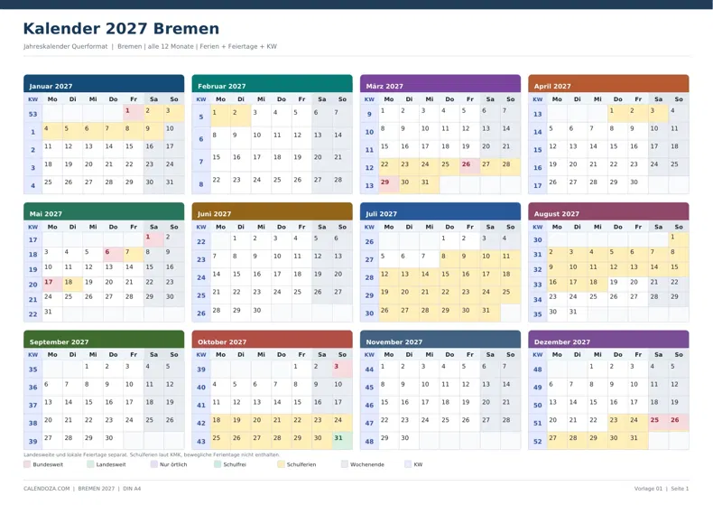Kalender 2027 Bremen: Jahreskalender Querformat