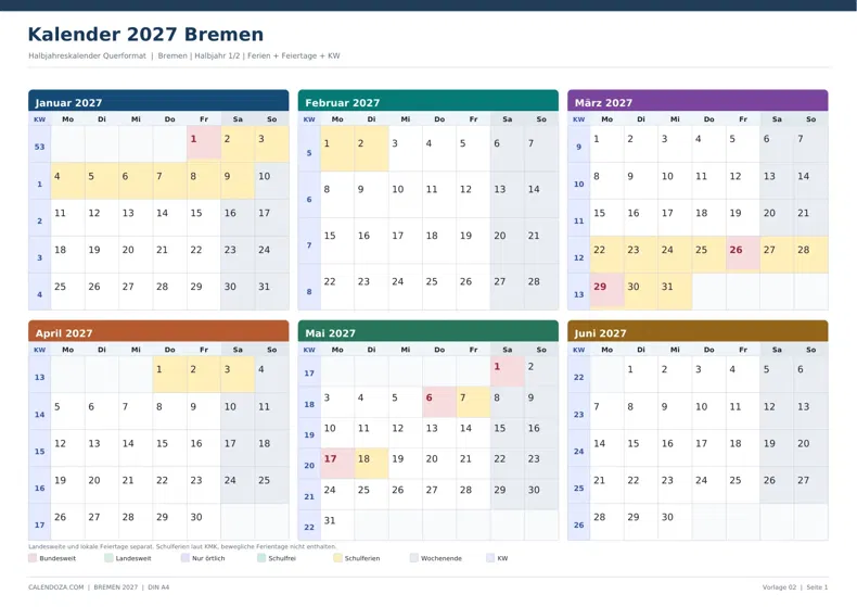 Kalender 2027 Bremen: Halbjahreskalender Querformat