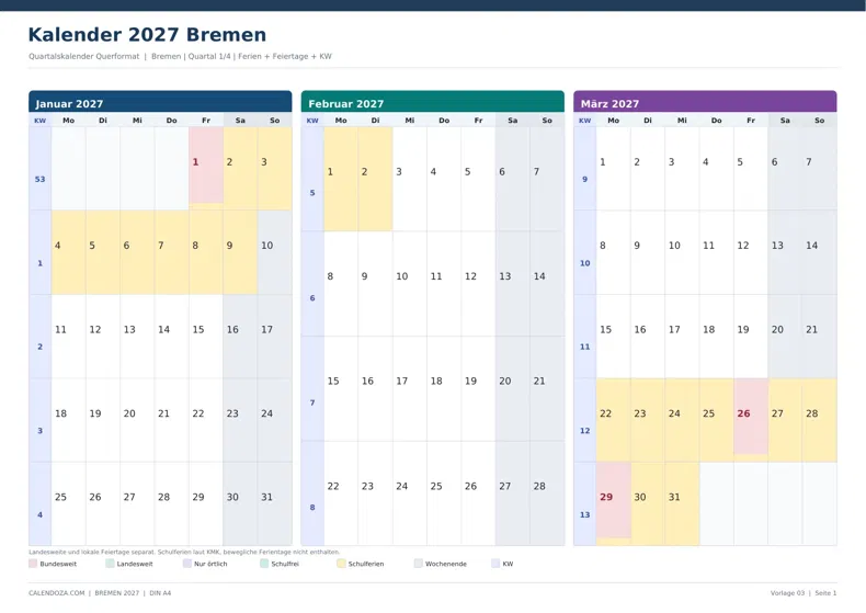 Kalender 2027 Bremen: Quartalskalender Querformat