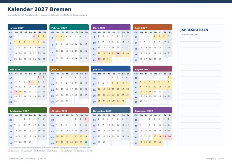 Kalender 2027 Bremen: Jahresplaner mit Notizen