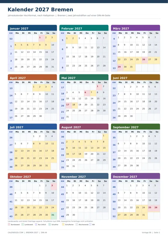 Kalender 2027 Bremen: Jahreskalender Hochformat