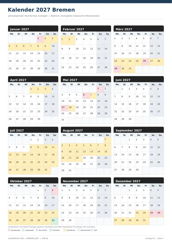 Kalender 2027 Bremen: Jahreskalender Hochformat kompakt