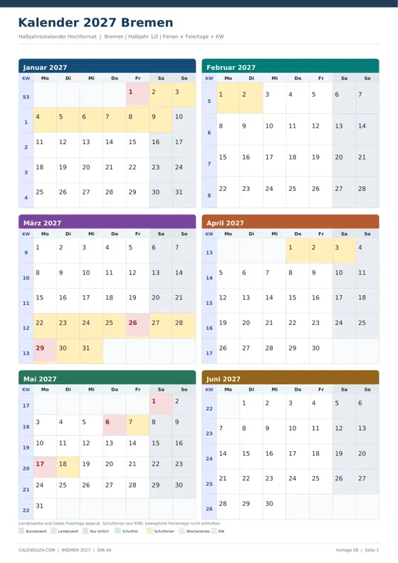Kalender 2027 Bremen: Halbjahreskalender Hochformat