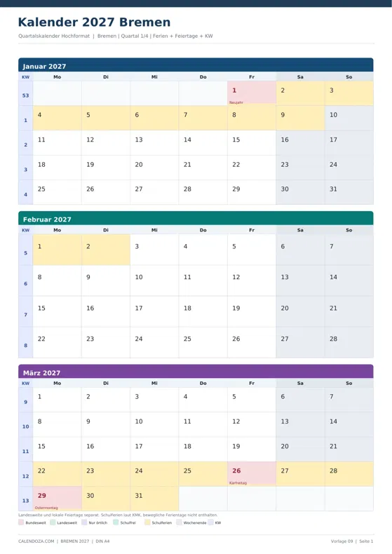 Kalender 2027 Bremen: Quartalskalender Hochformat