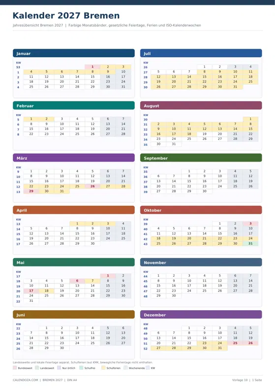 Kalender 2027 Bremen: Farbige Jahresübersicht Hochformat