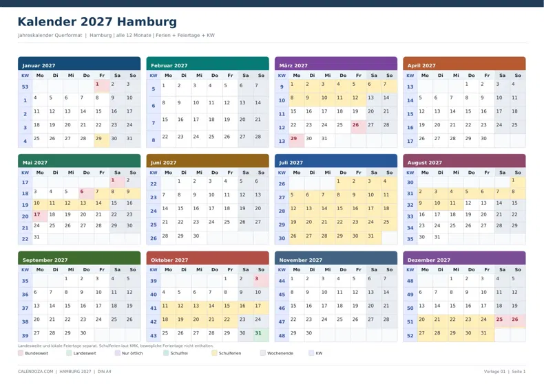 Kalender 2027 Hamburg: Jahreskalender Querformat