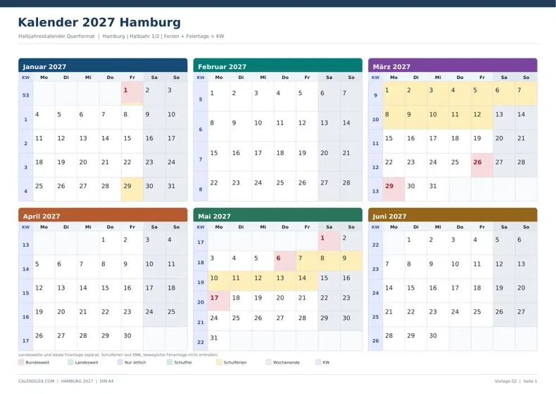 Kalender 2027 Hamburg: Halbjahreskalender Querformat