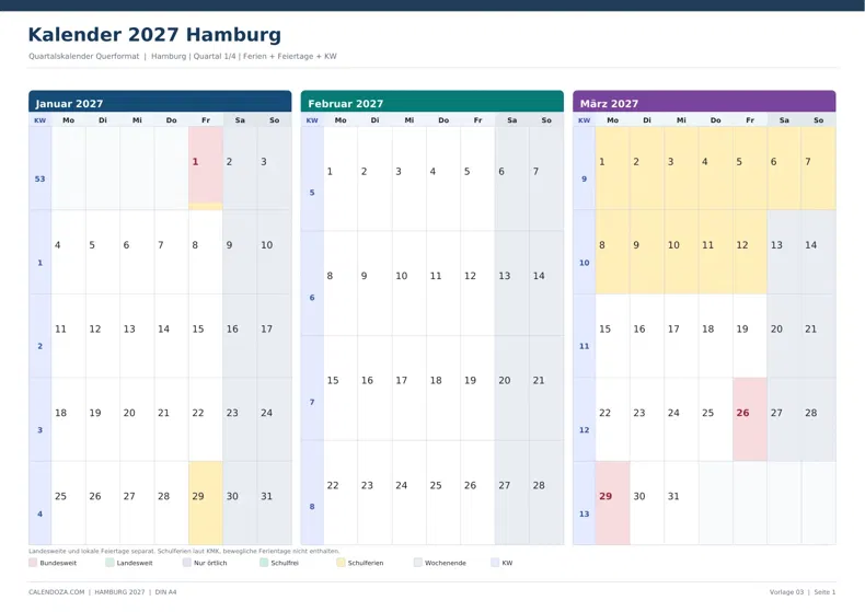 Kalender 2027 Hamburg: Quartalskalender Querformat