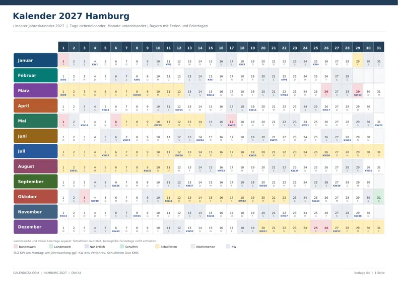 Kalender 2027 Hamburg: Linearer Jahreskalender