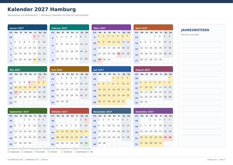 Kalender 2027 Hamburg: Jahresplaner mit Notizen