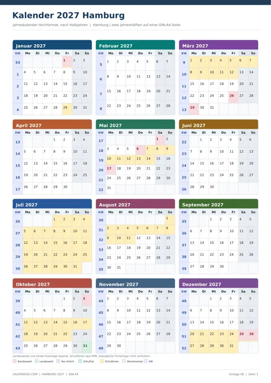 Kalender 2027 Hamburg: Jahreskalender Hochformat