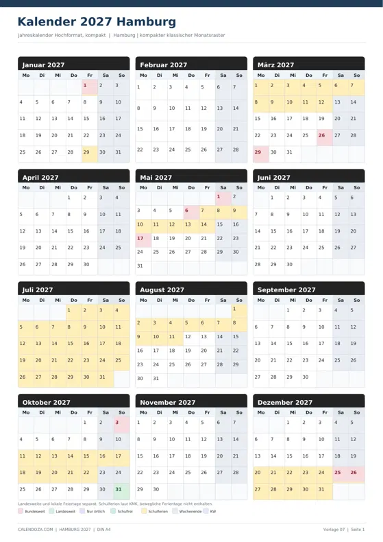 Kalender 2027 Hamburg: Jahreskalender Hochformat kompakt
