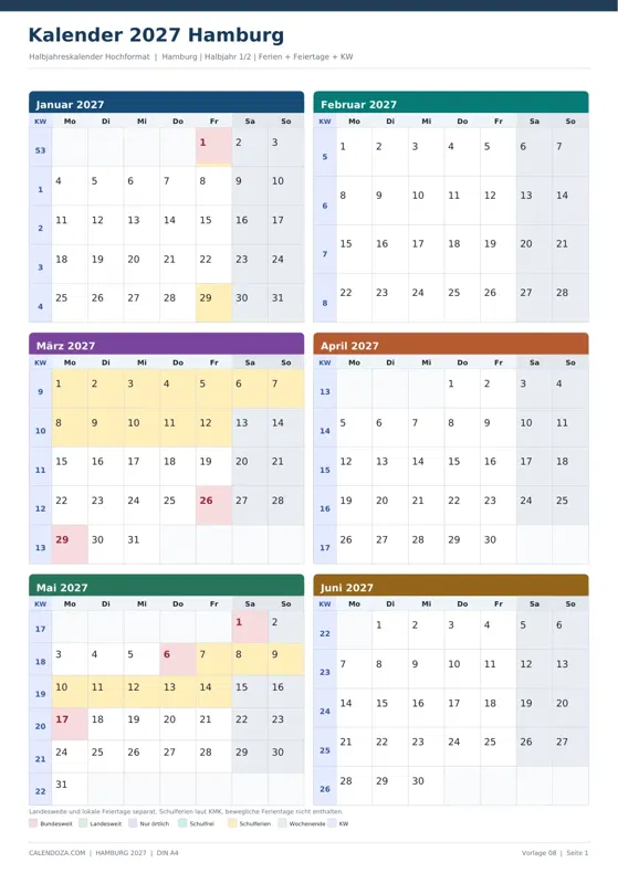 Kalender 2027 Hamburg: Halbjahreskalender Hochformat