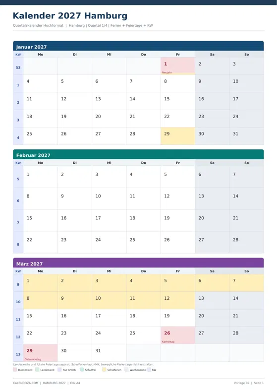 Kalender 2027 Hamburg: Quartalskalender Hochformat