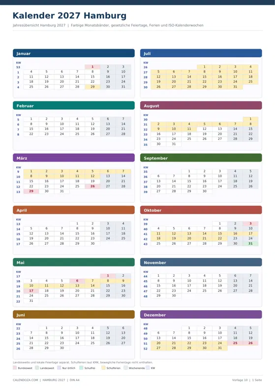 Kalender 2027 Hamburg: Farbige Jahresübersicht Hochformat