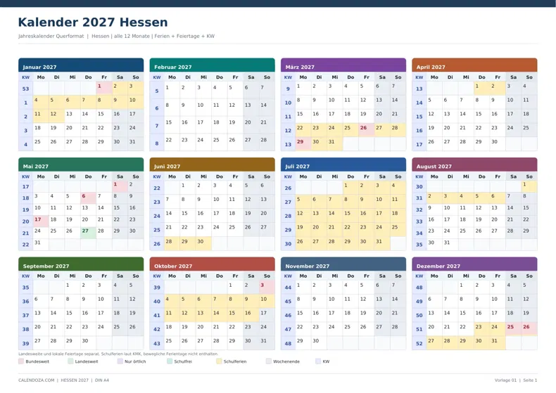 Kalender 2027 Hessen: Jahreskalender Querformat