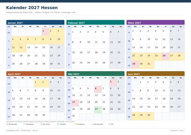 Kalender 2027 Hessen: Halbjahreskalender Querformat