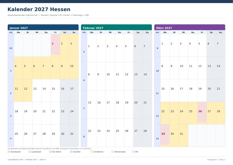 Kalender 2027 Hessen: Quartalskalender Querformat