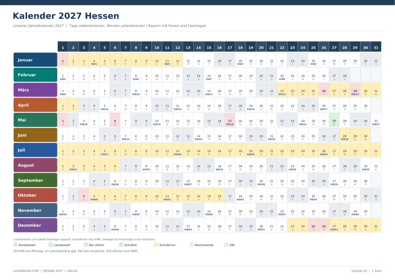 Kalender 2027 Hessen: Linearer Jahreskalender