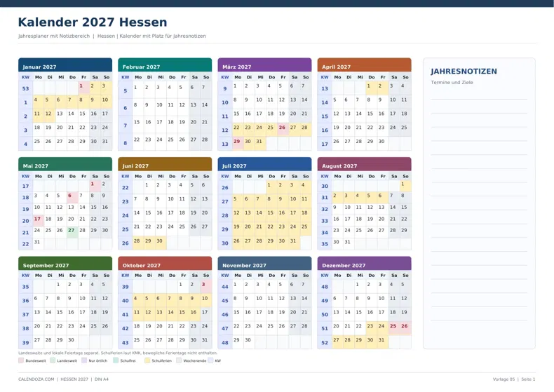 Kalender 2027 Hessen: Jahresplaner mit Notizen