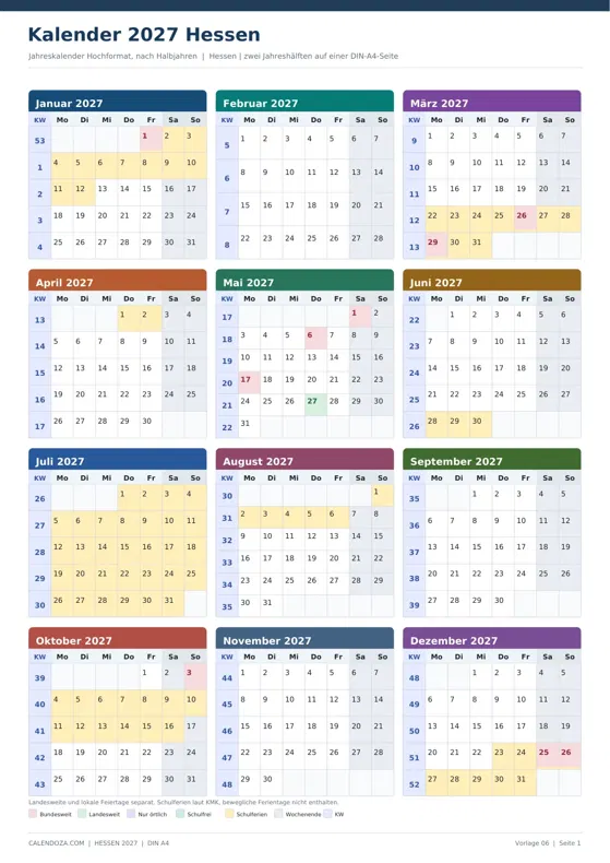 Kalender 2027 Hessen: Jahreskalender Hochformat