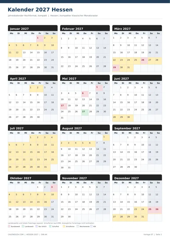 Kalender 2027 Hessen: Jahreskalender Hochformat kompakt