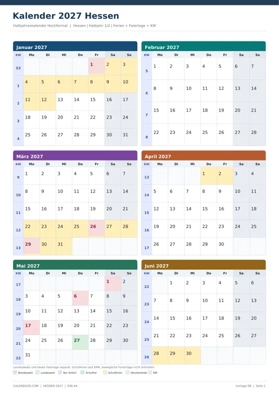 Kalender 2027 Hessen: Halbjahreskalender Hochformat
