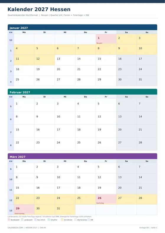 Kalender 2027 Hessen: Quartalskalender Hochformat