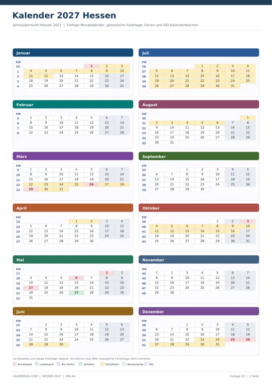 Kalender 2027 Hessen: Farbige Jahresübersicht Hochformat