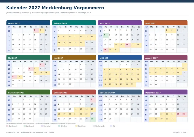 Kalender 2027 Mecklenburg-Vorpommern: Jahreskalender Querformat