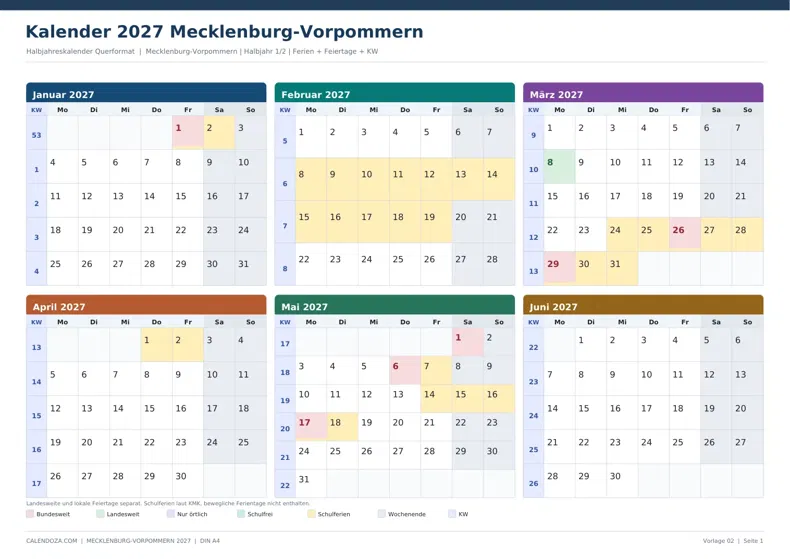 Kalender 2027 Mecklenburg-Vorpommern: Halbjahreskalender Querformat