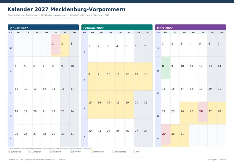 Kalender 2027 Mecklenburg-Vorpommern: Quartalskalender Querformat