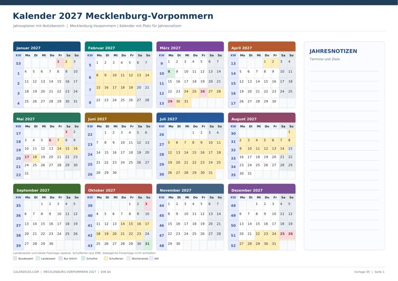 Kalender 2027 Mecklenburg-Vorpommern: Jahresplaner mit Notizen