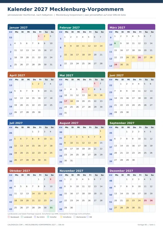 Kalender 2027 Mecklenburg-Vorpommern: Jahreskalender Hochformat