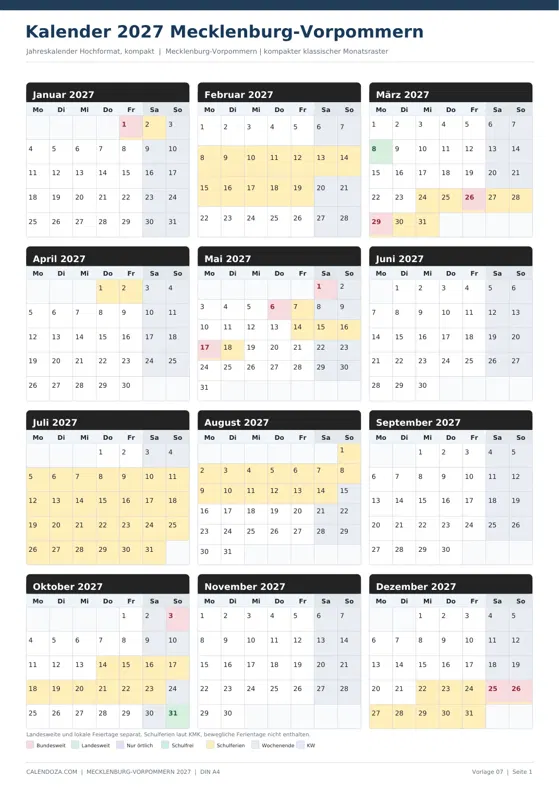 Kalender 2027 Mecklenburg-Vorpommern: Jahreskalender Hochformat kompakt