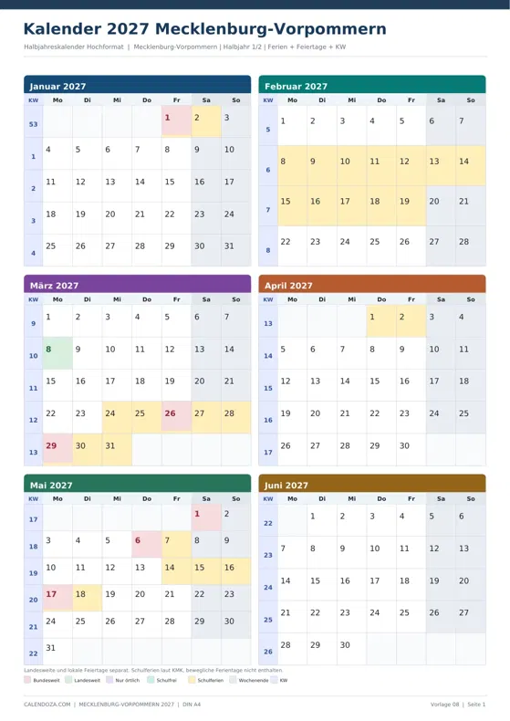 Kalender 2027 Mecklenburg-Vorpommern: Halbjahreskalender Hochformat