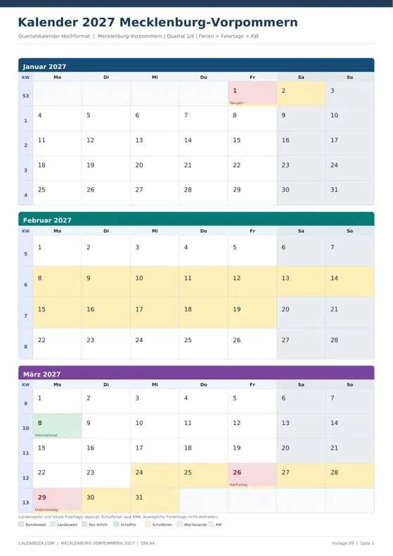 Kalender 2027 Mecklenburg-Vorpommern: Quartalskalender Hochformat
