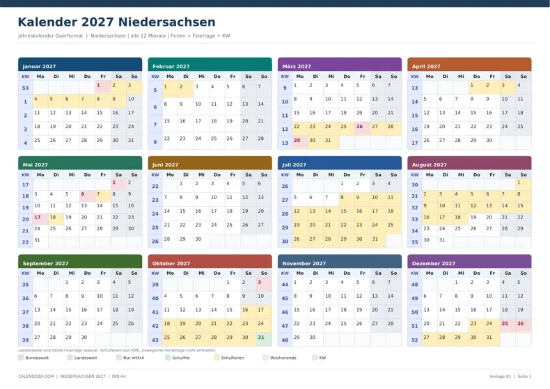 Kalender 2027 Niedersachsen: Jahreskalender Querformat