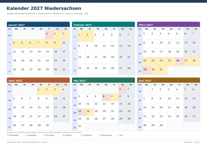 Kalender 2027 Niedersachsen: Halbjahreskalender Querformat