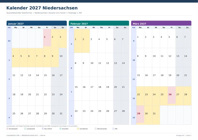 Kalender 2027 Niedersachsen: Quartalskalender Querformat
