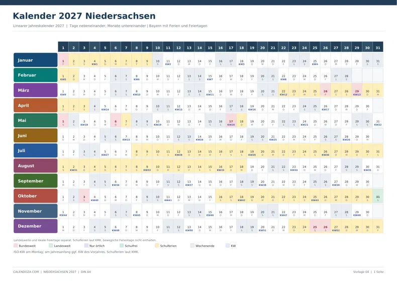 Kalender 2027 Niedersachsen: Linearer Jahreskalender